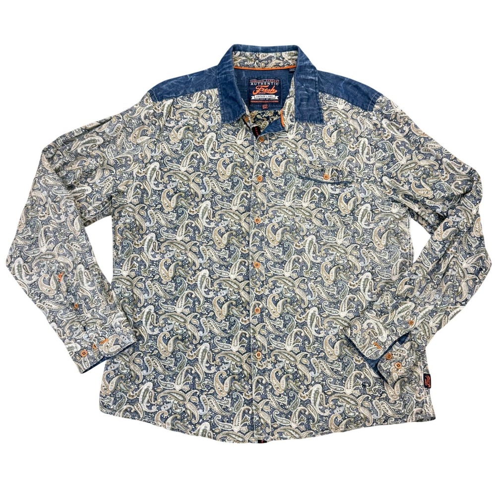 Fresh Brand Mens Paisley Button Down Shirt 2XL Blue Green Denim Contrast Yoke‎